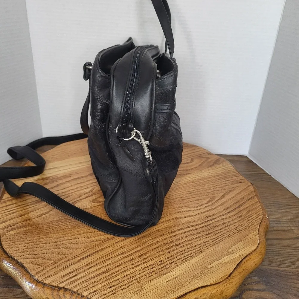 VTG Black Leather Patchwork Purse Shoulder Bag Handbag Hippie‎ Boho